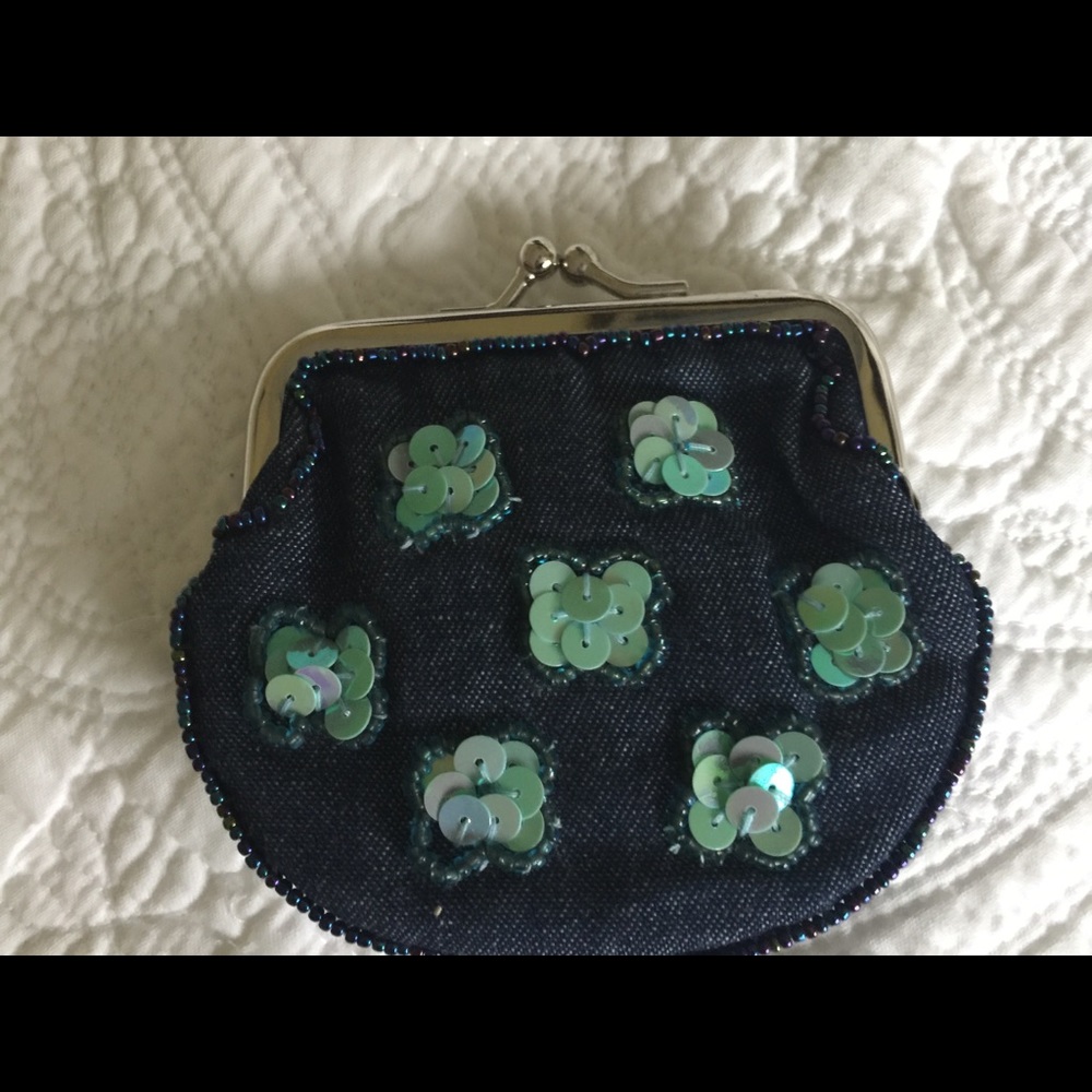 Cute nice blue denim fabric coin purse with light blue flowers pattern beadings